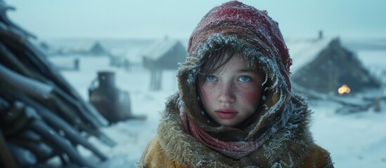 A young girl with striking blue eyes is bundled up in a warm winter coat, braving the cold weather of early spring in Siberia. Her eyes are bright against the backdrop of the snowy landscape. - obrazy, fototapety, plakaty