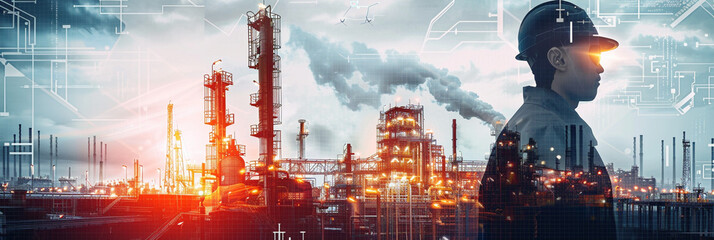 Engineer with a blueprint superimposed on a bustling oil and gas refinery scene reflecting energy sector innovation - obrazy, fototapety, plakaty