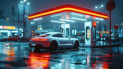 The concept of a filling station for electric vehicles. Generative AI - obrazy, fototapety, plakaty