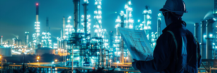 Engineer with a blueprint superimposed on a bustling oil and gas refinery scene reflecting energy sector innovation - obrazy, fototapety, plakaty