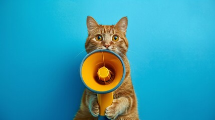 A humorous depiction of a red cat wielding a yellow loudspeaker, embodying the spirit of business and advertisement