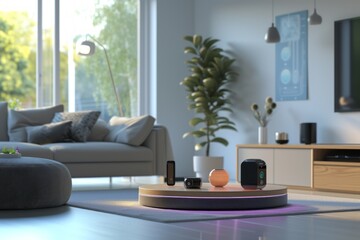 Modern living room with smart speakers and thermostat all connected and controlled through a single device, Smart Home and automation concept.