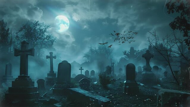 the atmosphere of an old cemetery with bright moonlight at night. looping video