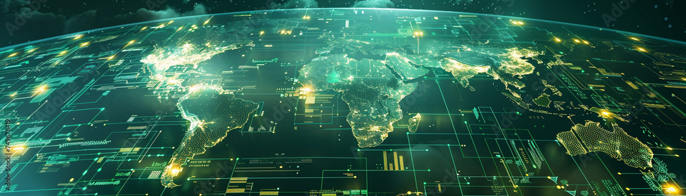 Poster scene of data exchange across a world map depicting the technology and communication infrastructure 