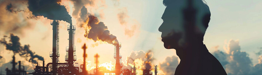 Silhouette of an oil industry businessman with a double exposure of refining towers representing energy power