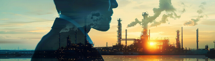 Silhouette of an oil industry businessman with a double exposure of refining towers representing energy power - obrazy, fototapety, plakaty