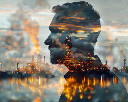 Strategic oil industry leader superimposed on a dynamic refinery landscape double exposure emphasizing energy mastery