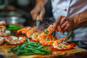 Vibrant seafood cooking scene with a professional chef preparing shrimps and green beans on a wooden table