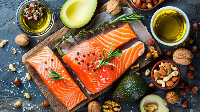 Wooden table laden with various keto diet foods like salmon avocado and nuts bright and inviting