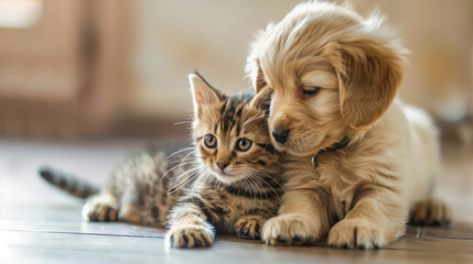 A heartfelt moment between a puppy and a kitten enveloped in a soft beige blanket. - obrazy, fototapety, plakaty