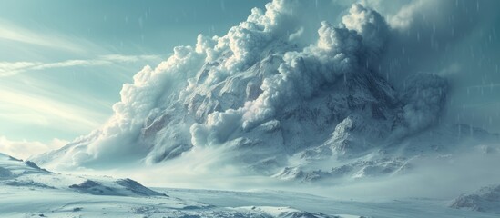 A large mountain covered in snow looms under a cloudy sky, creating the illusion of fake avalanche clouds. The white snow contrasts with the grey clouds above, painting a stark and cold scene.