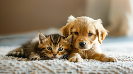 A heartfelt moment between a puppy and a kitten enveloped in a soft beige blanket.