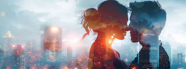 Double exposure of city skyline and couple embracing, representing the love and romance that can be...