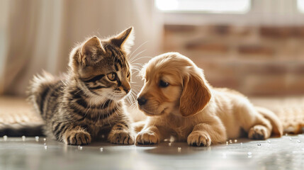 A heartfelt moment between a puppy and a kitten enveloped in a soft beige blanket.