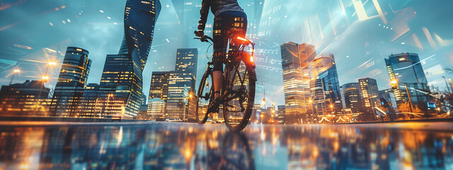 Double exposure of city skyline and cyclist, blending the freedom of movement and sustainability within the urban landscape. - obrazy, fototapety, plakaty