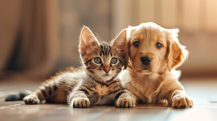 Fototapeta na wymiar A heartfelt moment between a puppy and a kitten enveloped in a soft beige blanket.
