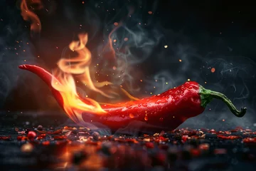 Photo sur Plexiglas Piments forts closeup of a vibrant red chili pepper with flames licking around its edges capturing the intense heat and spicy sensation it embodies set against a dark smoky background