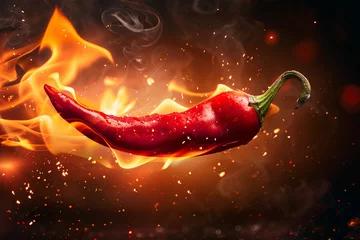 Photo sur Plexiglas Piments forts closeup of a vibrant red chili pepper with flames licking around its edges capturing the intense heat and spicy sensation it embodies set against a dark smoky background