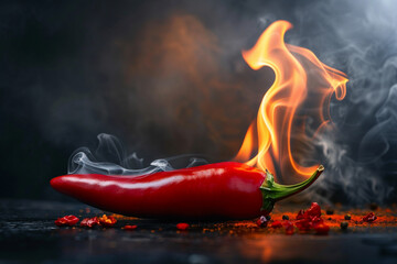 closeup of a vibrant red chili pepper with flames licking around its edges capturing the intense heat and spicy sensation it embodies set against a dark smoky background - obrazy, fototapety, plakaty