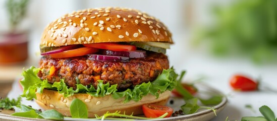 A vegan hamburger sits on a plate, topped with sesame seeds, lettuce, tomato, and onion. The fresh...