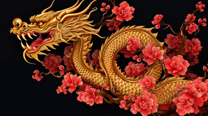 Obraz premium Golden dragon with sakura flower over black background, Illustration.