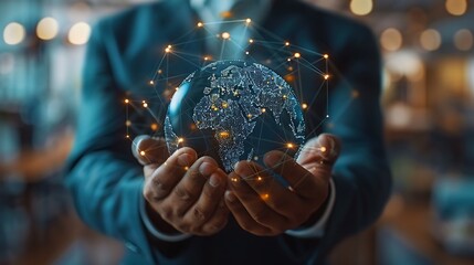 close-up of businessman holding and touching globe with connections, business blurred background - obrazy, fototapety, plakaty