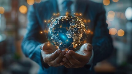 close-up of businessman holding and touching globe with connections, business blurred background
