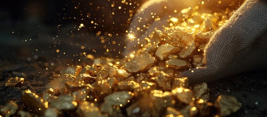 A bag overflowing with golden nuggets is placed on a wooden table, creating a gleaming display of wealth and abundance. The shiny nuggets spill out from the small pouch, catching the light and