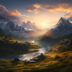 A serene mountain landscape at sunrise.