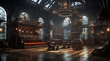 A gym interior with a steampunk aesthetic, featuring industrial details and Victorian-era design elements.