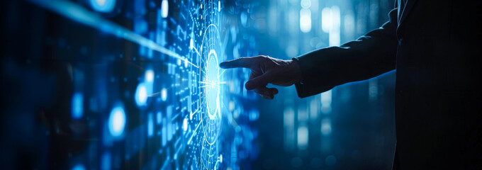 Businessman touch database icons cybersecurity, web 3.0, global network, IoT, HUD Graphics