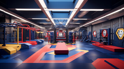 A gym interior with a superhero training theme, complete with obstacle courses and...