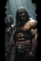 Fototapeta na wymiar Athletic brutal male barbarian in dark fantasy atmosphere. Mystical cover concept