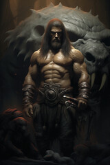 Athletic brutal male barbarian in dark fantasy atmosphere. Mystical cover concept