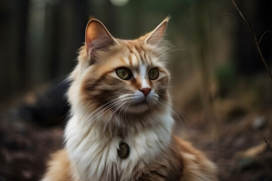 A beautiful fluffy young cat sits in nature. Portrait, photograph of a pet