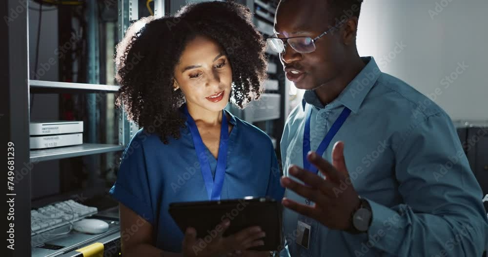 Aufkleber Information technology, coding and programmer for network, software development and talk for business and connectivity. Man, woman and tech for server, laptop and tablet in conversation as partners
