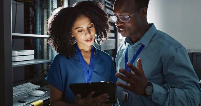 Information technology, coding and programmer for network, software development and talk for business and connectivity. Man, woman and tech for server, laptop and tablet in conversation as partners