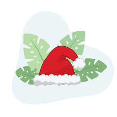 Santa's Hat flat vector Illustration icon decorated with leaves for web use for Christmas, holiday, Santa, Claus, costume, December