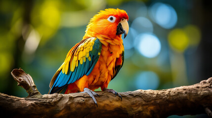 A dynamic shot of a parrot showing off its vibrant plumage while perched on a branch