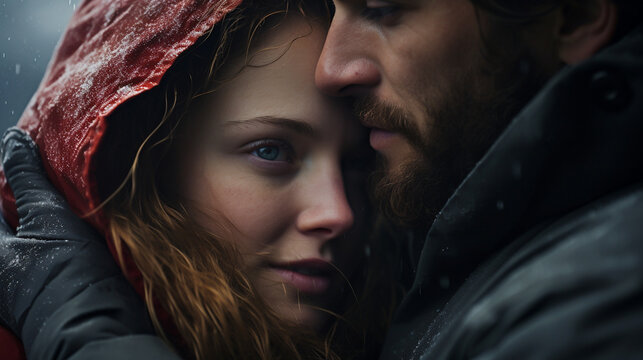 A dramatic closeup shot of a couple hugging tightly capturing the passion and intensity of their love