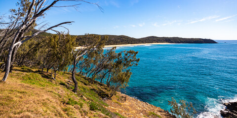 panorama of alexandria bay in noosa national park as seen from the cliifs near sunshine beach, famous coastal walk in queensland, australia