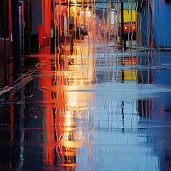Abstract reflections in a rain-soaked street.