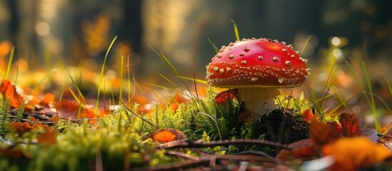 A red mushroom, surrounded by lush green grass, cowberry bushes, leaves, twigs, and pine needles, stands out in a forest clearing. - Powered by Adobe