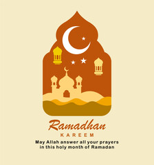 Simple, elegant Ramadan design with mosque ornaments and icons, lanterns. Suitable for Ramadan posters, Islamic backgrounds, Eid Mubarak, Eid al-Fitr, Eid al-Adha, etc.