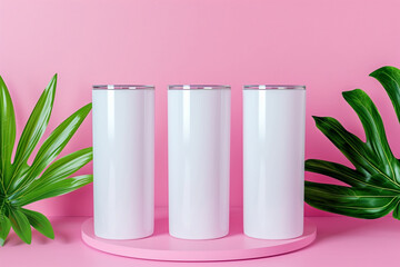 Close-up of three white color 20oz Straight Skinny Tumbler includes lid with a Pink Display background, Tumbler Mockup