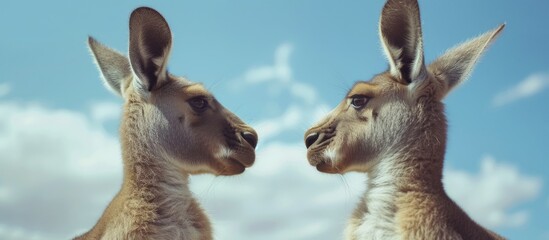 In the image, a curious kangaroo stands next to another kangaroo, both gazing in different directions.