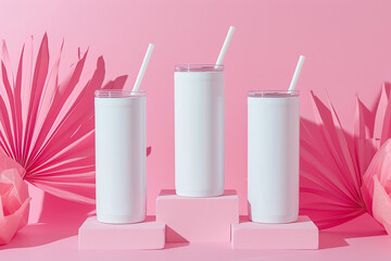 Close-up of three white color 20oz Straight Skinny Tumbler includes lid with a Pink Display background, Tumbler Mockup