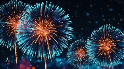 Beautiful blue fireworks display with bokeh abstract holiday celebration background from Generative AI