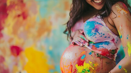 A joyful close up of a pregnant woman laughing as she playfully adorns her belly with colorful paint celebrating the creativity of life - obrazy, fototapety, plakaty