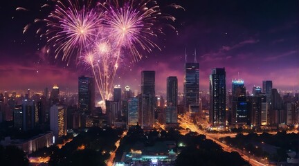 Beautiful purple fireworks display on bright busy city skyline background at night background from Generative AI